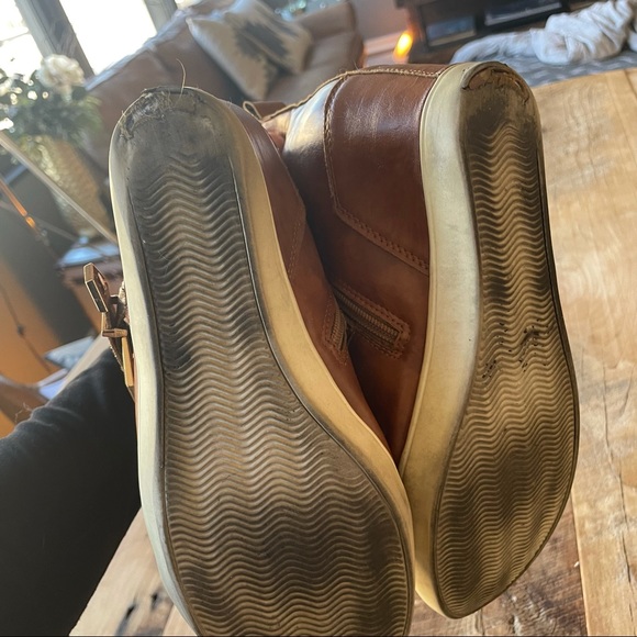 Cognac Vegan Leather Brown High Heel Sneakers - Picture 5 of 6